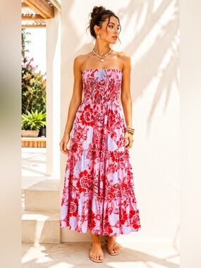 Abel the Label Dopamine Floral Strapless Smocked Tiered Midi Dress Size XS